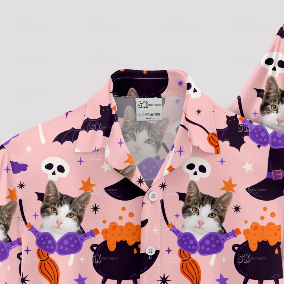 Pink Hawaiian shirt featuring cat face, perfect for Halloween parties