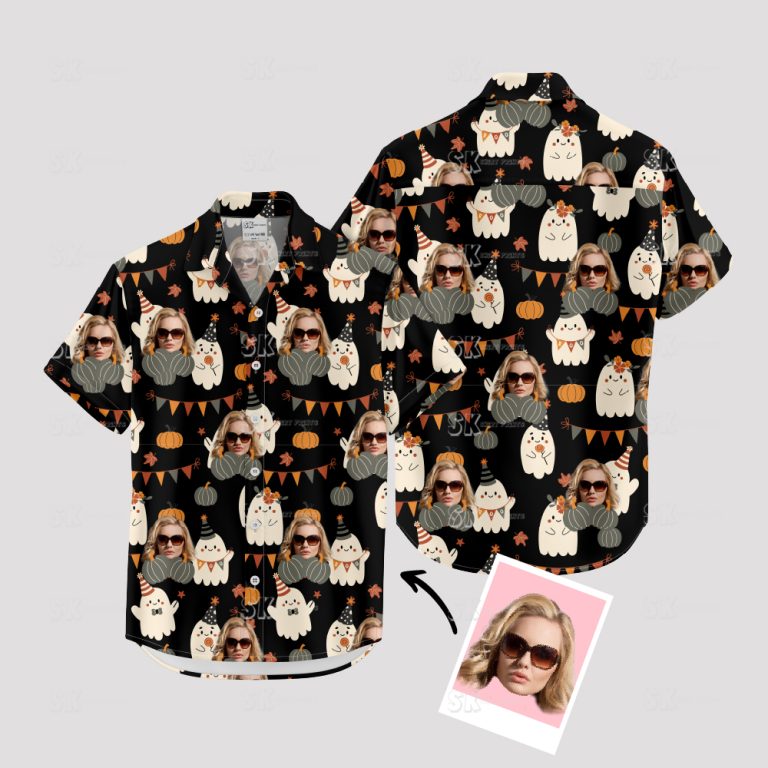 Halloween Hawaiian Shirt Women – Custom Face Print Ghost Pumpkin Party