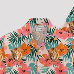 Men's pink lion Hawaiian shirt with tribal and vintage design