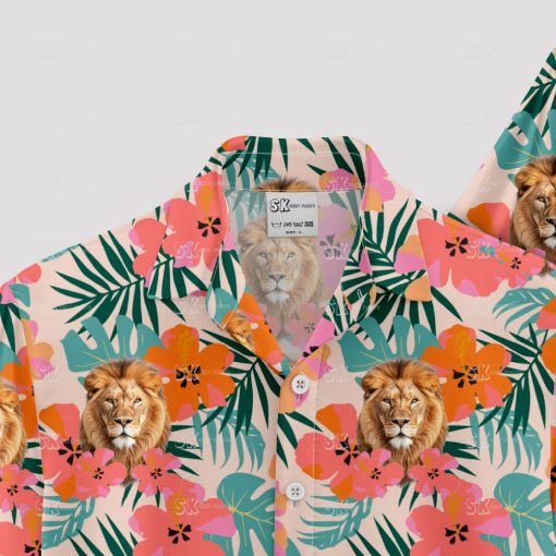Men's pink lion Hawaiian shirt with tribal and vintage design