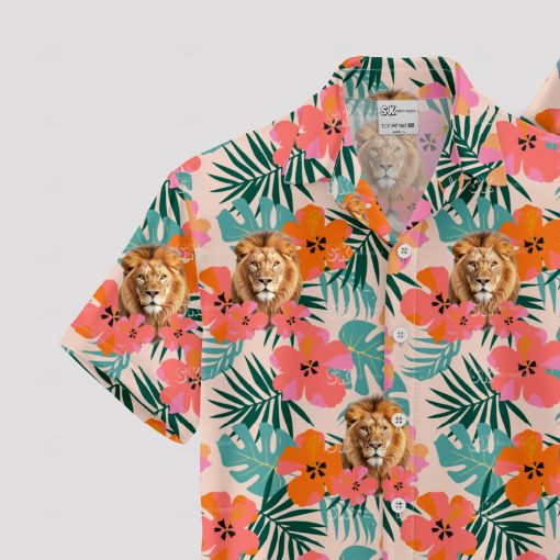 Men's pink lion Hawaiian shirt with tribal and vintage design