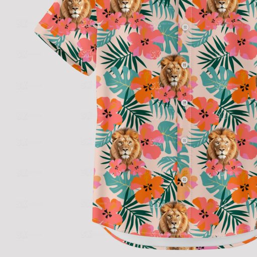 Men's pink lion Hawaiian shirt with tribal and vintage design