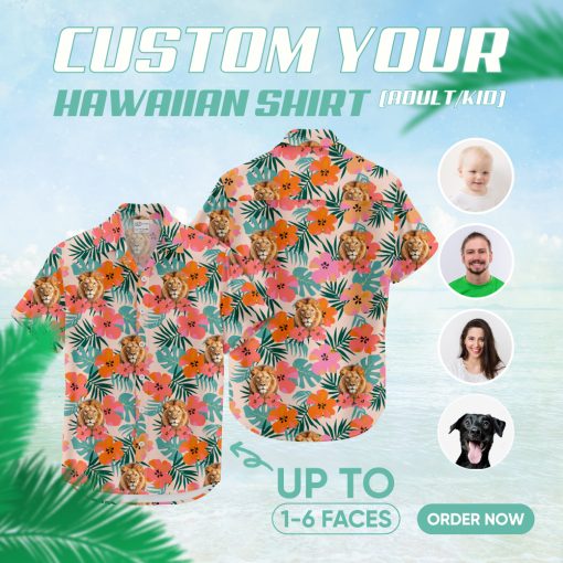 Men's pink lion Hawaiian shirt with tribal and vintage design