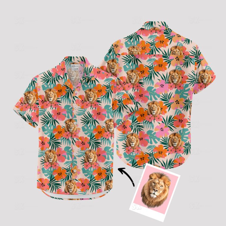 Mens Pink Hawaiian Shirt Lion Print Custom Face Photo Summer Tropical