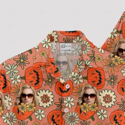 Orange Hawaiian shirt with pumpkin faces, flowers, and portraits pattern