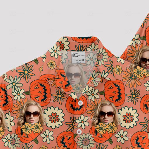 Orange Hawaiian shirt with pumpkin faces, flowers, and portraits pattern