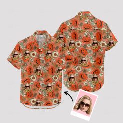Orange Hawaiian shirt with pumpkin faces, flowers, and portraits pattern