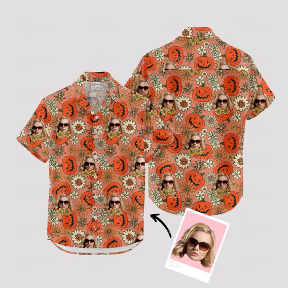 Orange Hawaiian shirt with pumpkin faces, flowers, and portraits pattern