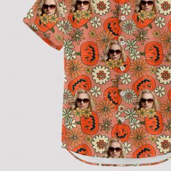 Orange Hawaiian shirt with pumpkin faces, flowers, and portraits pattern