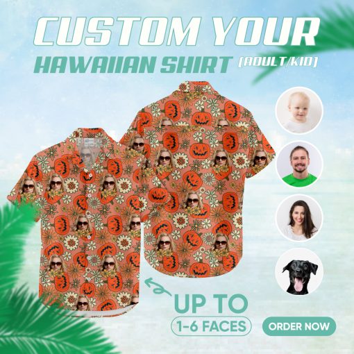 Orange Hawaiian shirt with pumpkin faces, flowers, and portraits pattern