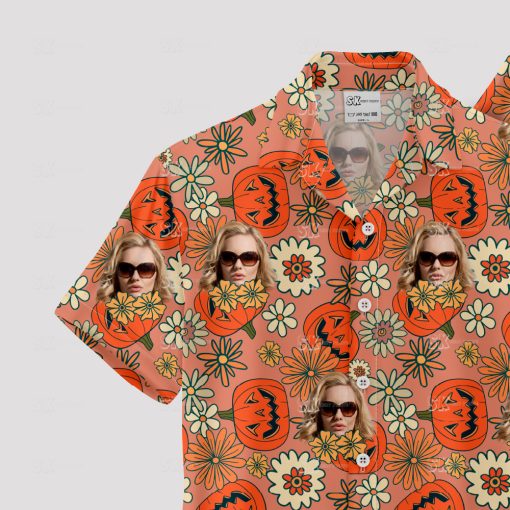 Orange Hawaiian shirt with pumpkin faces, flowers, and portraits pattern