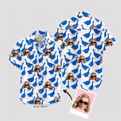 Blue ducks and faces on white oregon duck hawaiian shirt