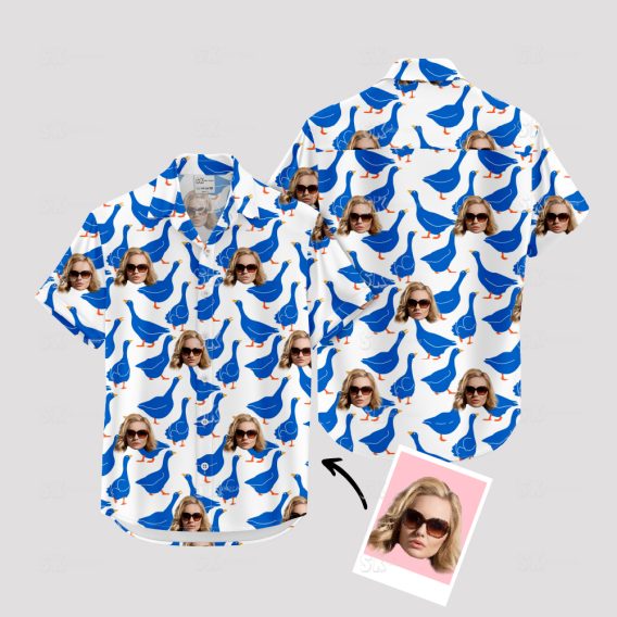 Blue ducks and faces on white oregon duck hawaiian shirt