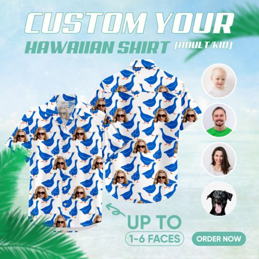 Blue ducks and faces on white oregon duck hawaiian shirt