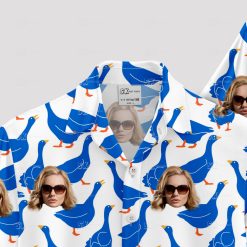 Blue ducks and faces on white oregon duck hawaiian shirt