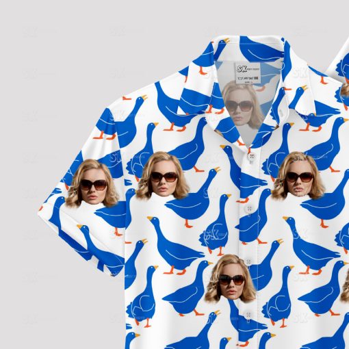 Blue ducks and faces on white oregon duck hawaiian shirt