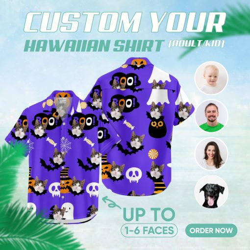 Personalized cat Hawaiian shirt in purple for Halloween parties