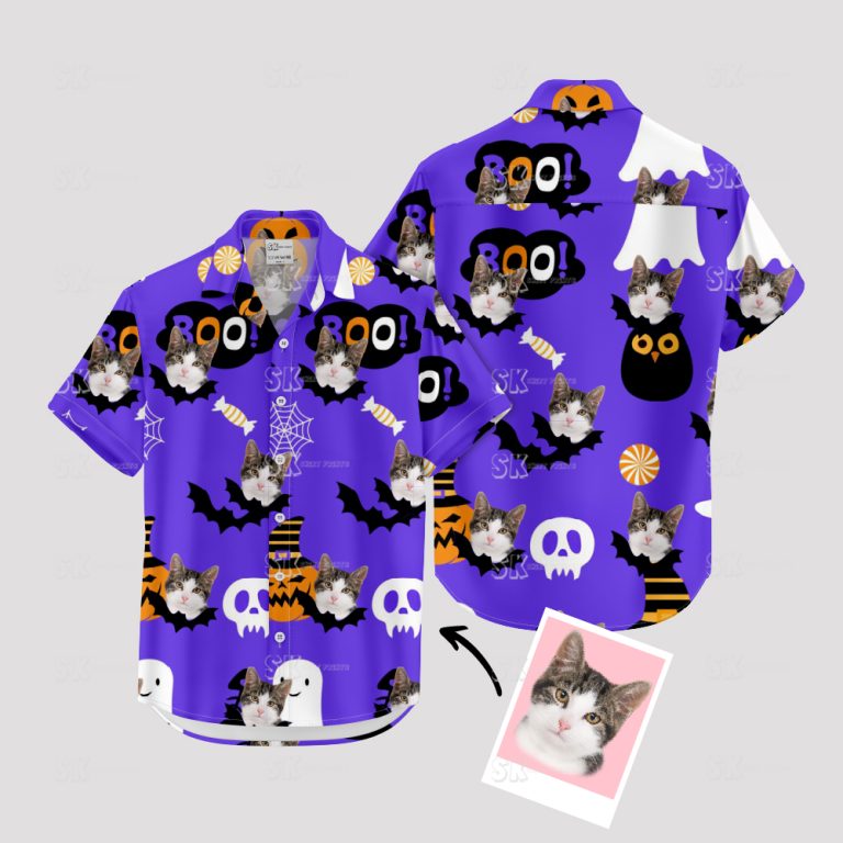 Personalized Cat Hawaiian Shirt Purple Halloween Custom Face Photo Print