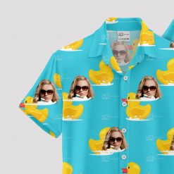 Blue Hawaiian shirt with yellow rubber ducks and sunglasses face pattern