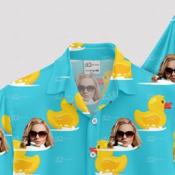 Blue Hawaiian shirt with yellow rubber ducks and sunglasses face pattern