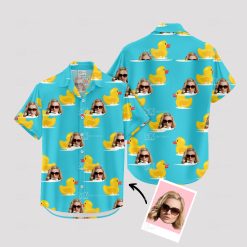 Blue Hawaiian shirt with yellow rubber ducks and sunglasses face pattern