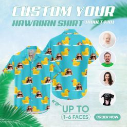 Blue Hawaiian shirt with yellow rubber ducks and sunglasses face pattern