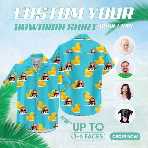 Blue Hawaiian shirt with yellow rubber ducks and sunglasses face pattern
