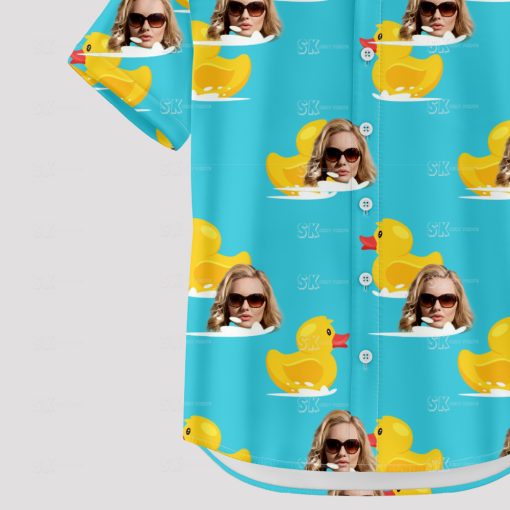 Blue Hawaiian shirt with yellow rubber ducks and sunglasses face pattern