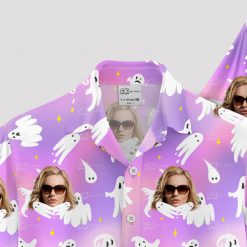 womens halloween tropical print shirt with purple and fun island design
