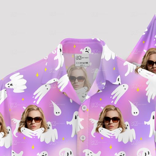 womens halloween tropical print shirt with purple and fun island design