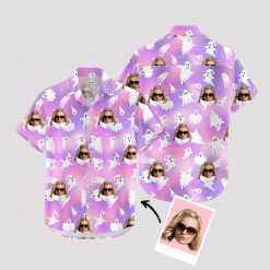 womens halloween tropical print shirt with purple and fun island design