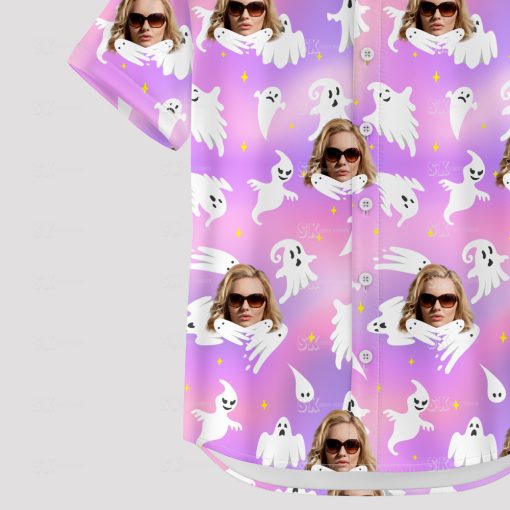 womens halloween tropical print shirt with purple and fun island design