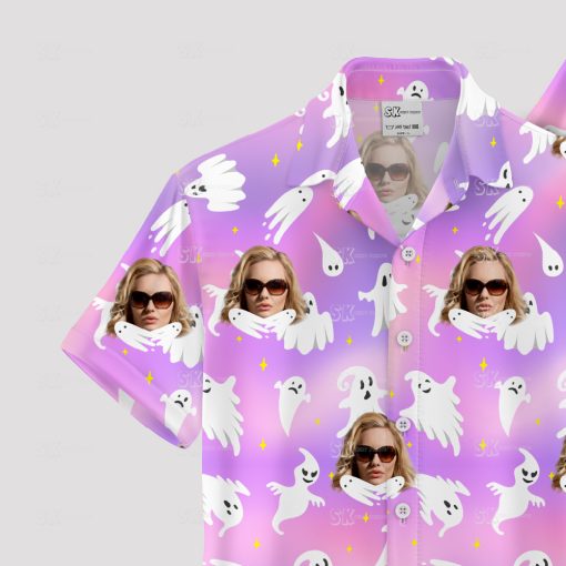 womens halloween tropical print shirt with purple and fun island design