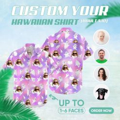 womens halloween tropical print shirt with purple and fun island design
