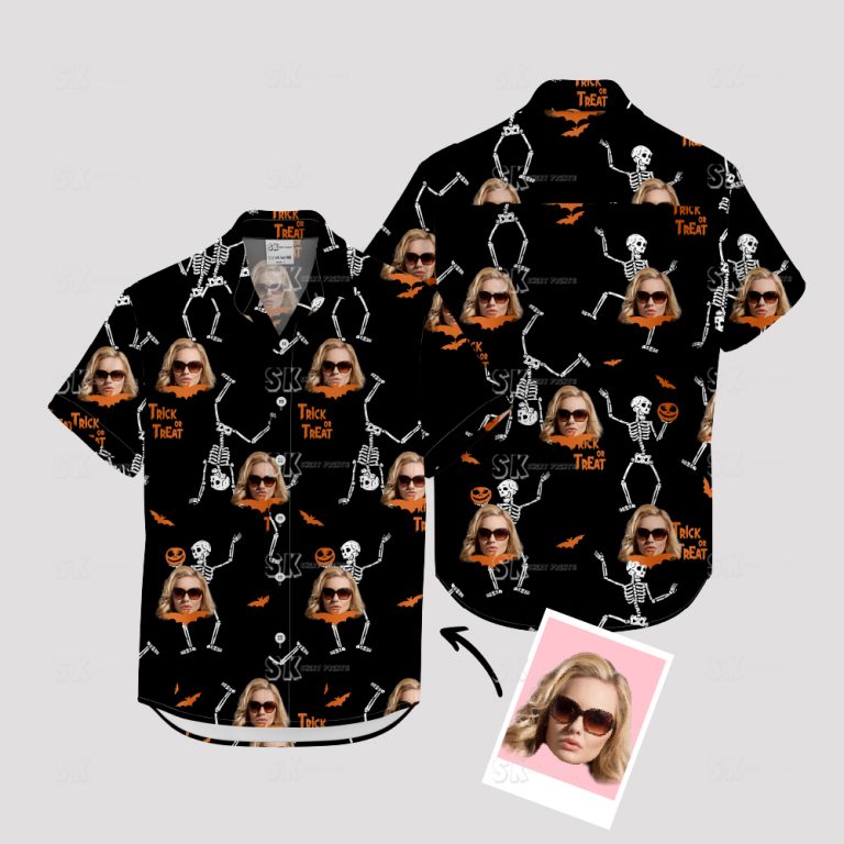 Halloween Hawaiian Shirt Women Vintage Skeleton Pumpkin Custom Photo Design