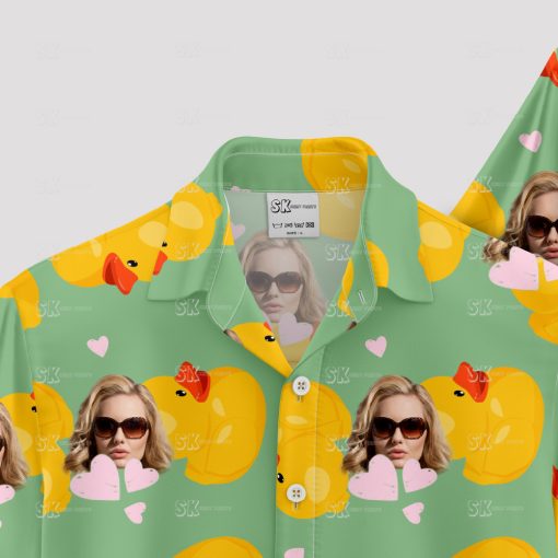 Plus size green hawaiian shirt with yellow ducks and sunglasses pattern