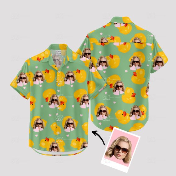 Plus size green hawaiian shirt with yellow ducks and sunglasses pattern