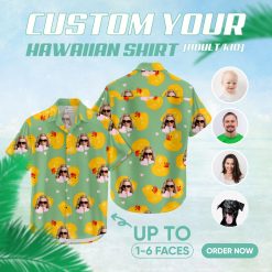 Plus size green hawaiian shirt with yellow ducks and sunglasses pattern