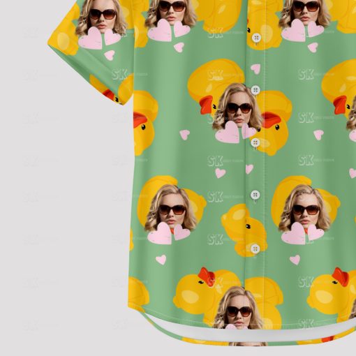 Plus size green hawaiian shirt with yellow ducks and sunglasses pattern