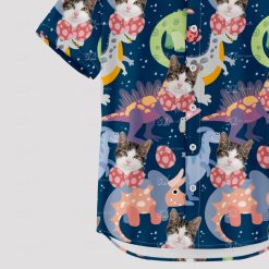 Colorful cat and cartoon dinosaur faces on Hawaiian shirt