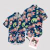 Colorful cat and cartoon dinosaur faces on Hawaiian shirt