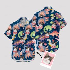 Colorful cat and cartoon dinosaur faces on Hawaiian shirt