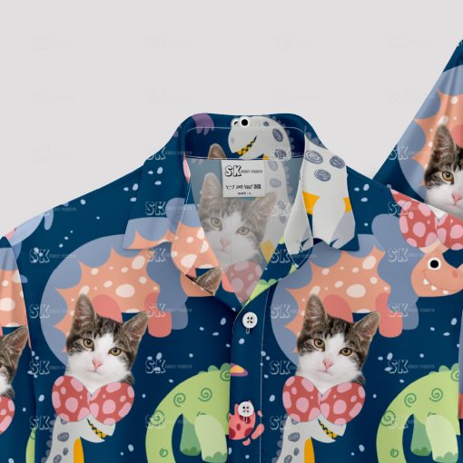 Colorful cat and cartoon dinosaur faces on Hawaiian shirt