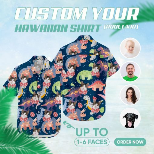 Colorful cat and cartoon dinosaur faces on Hawaiian shirt