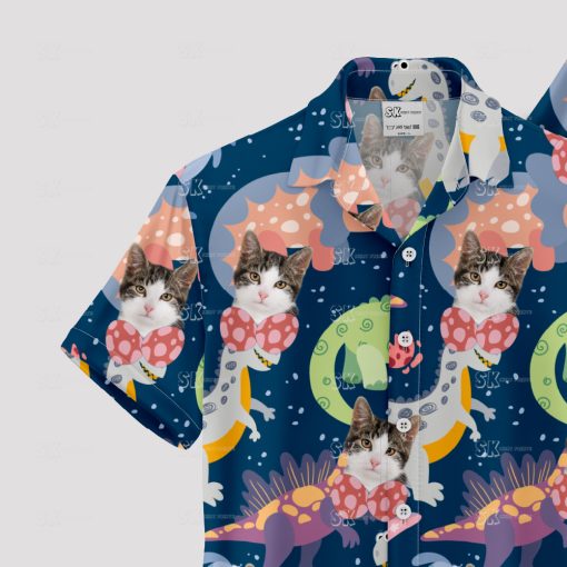 Colorful cat and cartoon dinosaur faces on Hawaiian shirt
