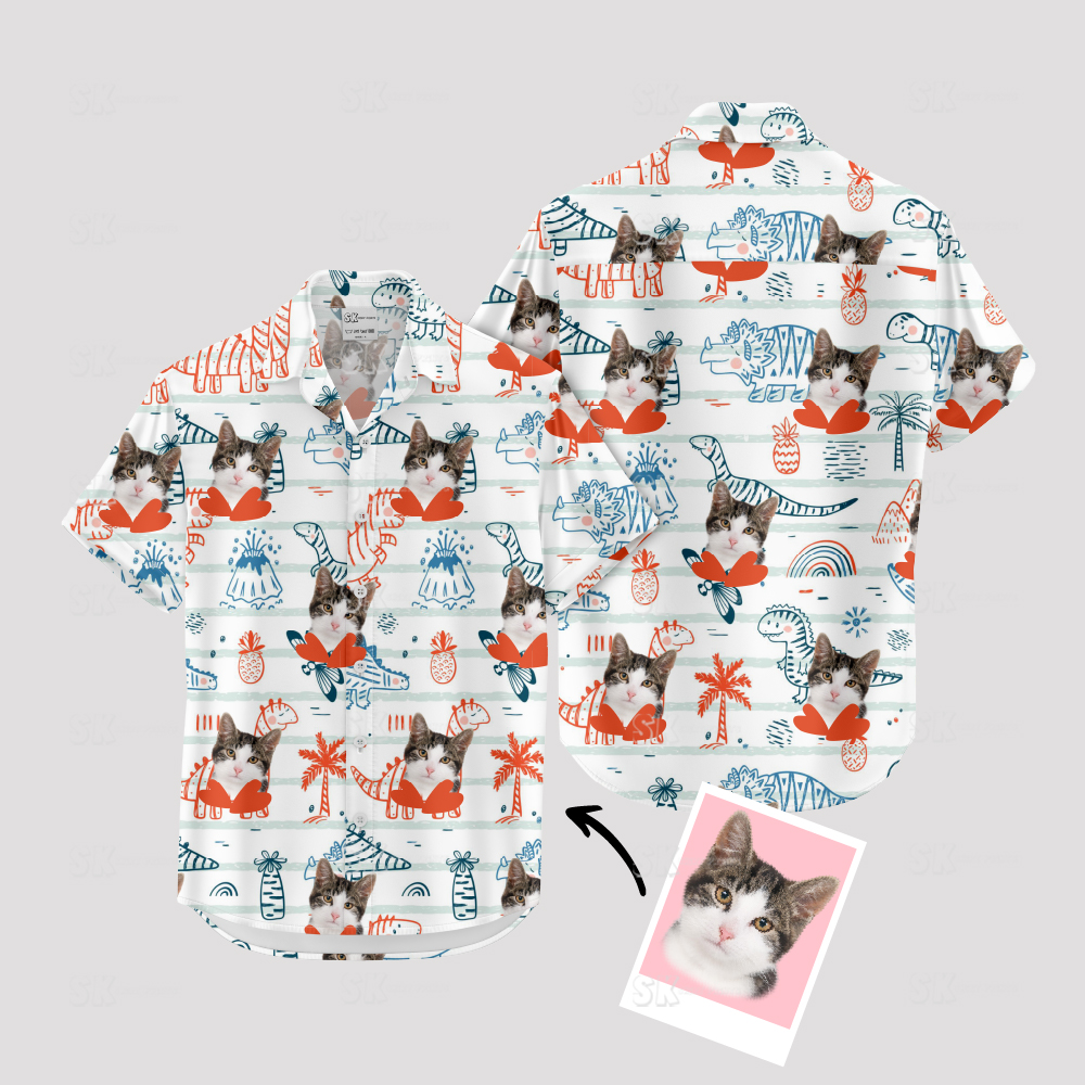 Custom Cat Hawaiian Shirt with Dinosaurs, Hearts & Rainbows - Fun Design