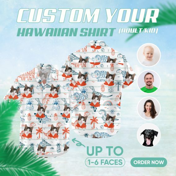 Custom cat Hawaiian shirt with dinosaurs and colorful whimsical pattern