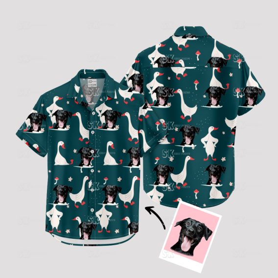 Custom dog face Hawaiian shirt with ducks and mushrooms design