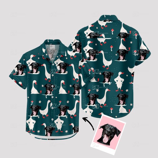 Custom Dog Face Hawaiian Shirt with Ducks, Mushrooms & Teal Background