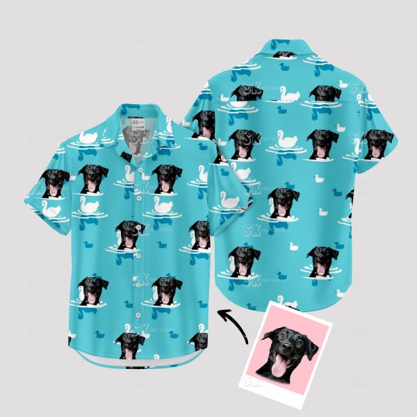 Custom Dog Hawaiian Shirt with Black Dog Face and Swans – Fun Blue Design